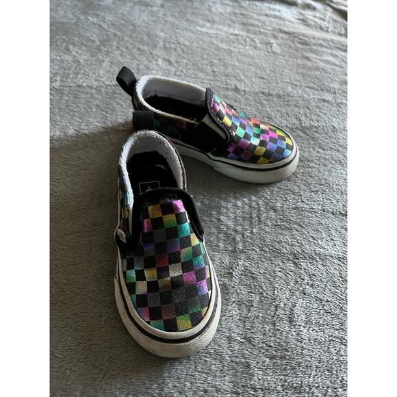 Vans Slip-On Shoes Girls Size 6 Iridescent/Black Checkerboard US Toddler - Picture 10 of 11